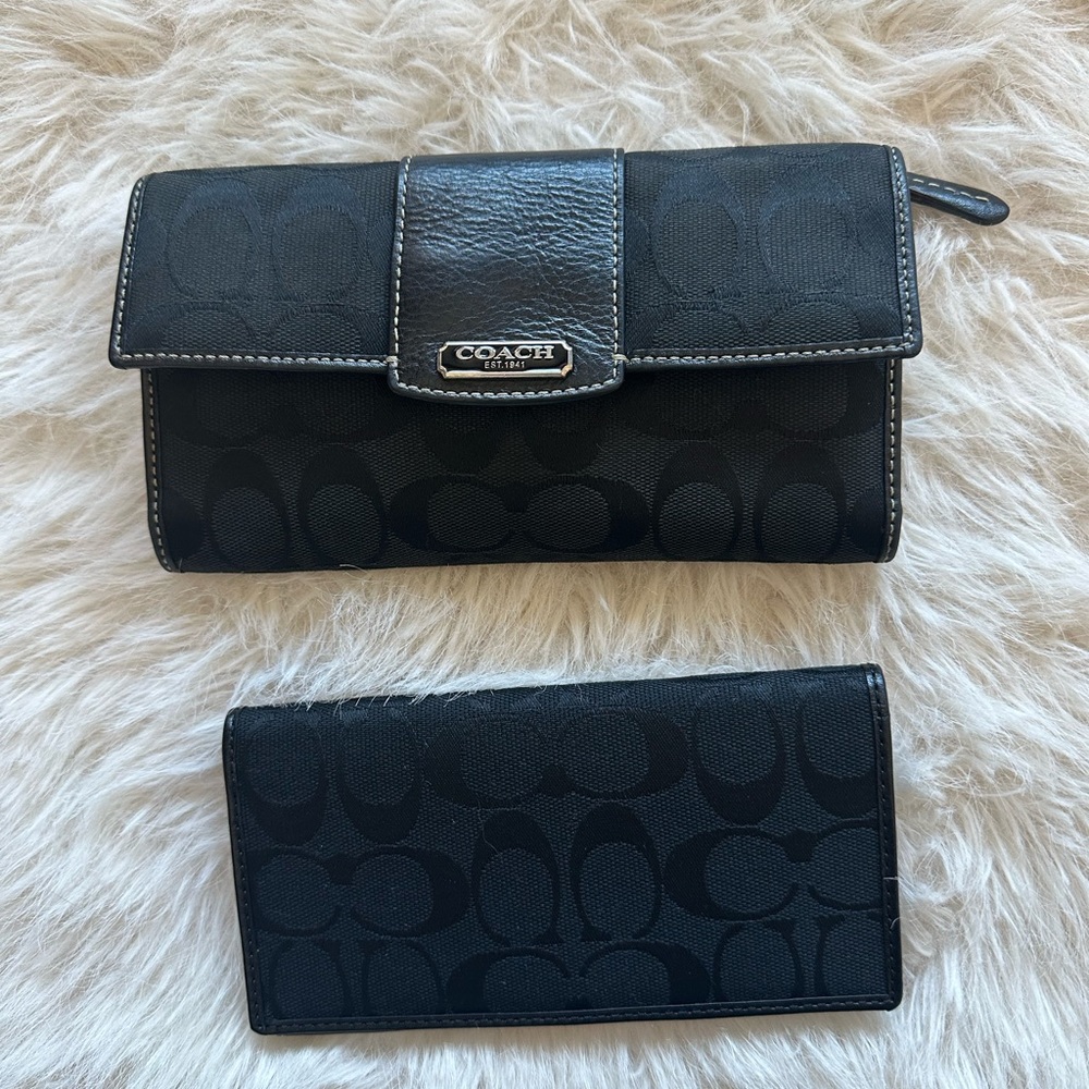 Coach Black signature monogram canvas leather Women's trifold wallet &check book
